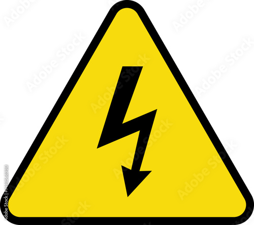 Danger high voltage sign vector. Isolated black and yellow triangle sign with eletric lightning. Electrical shock hazard icon. Caution electric shock danger symbol.