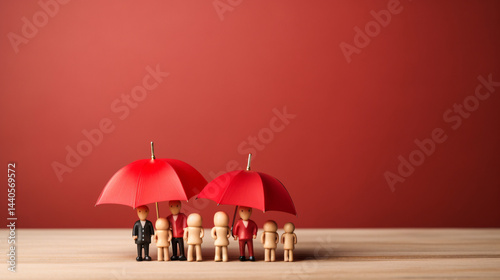 Umbrella and wooden dolls with copy space, symbolizing family protection, warmth, and togetherness.

