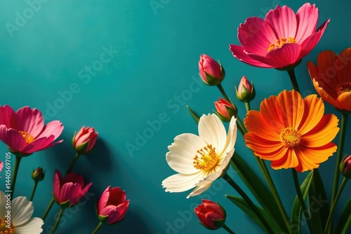 Bold, oversized blooms in vibrant hues against a deep teal backdrop , floral wallpaper, flower pattern, modern