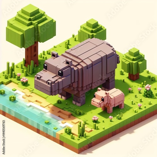 Isometric hippo animal with her child concept mom wildlife voxel art 3d digital illustration