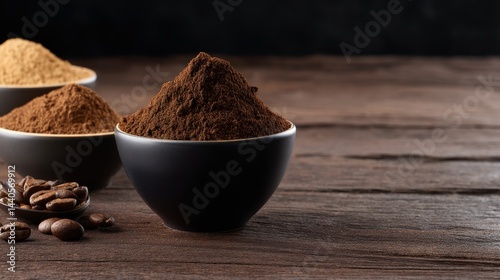 Bowls of various coffee powders and ground beans on a rustic wooden table with dark background