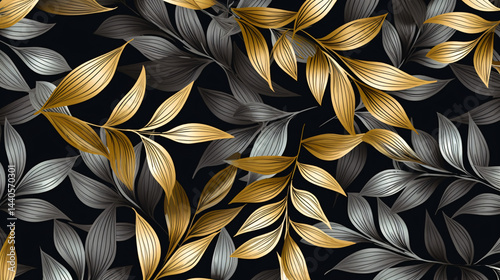 Vintage luxury shiny seamless golden leaves floral background on black, ideal for festive cards and royal designs.

