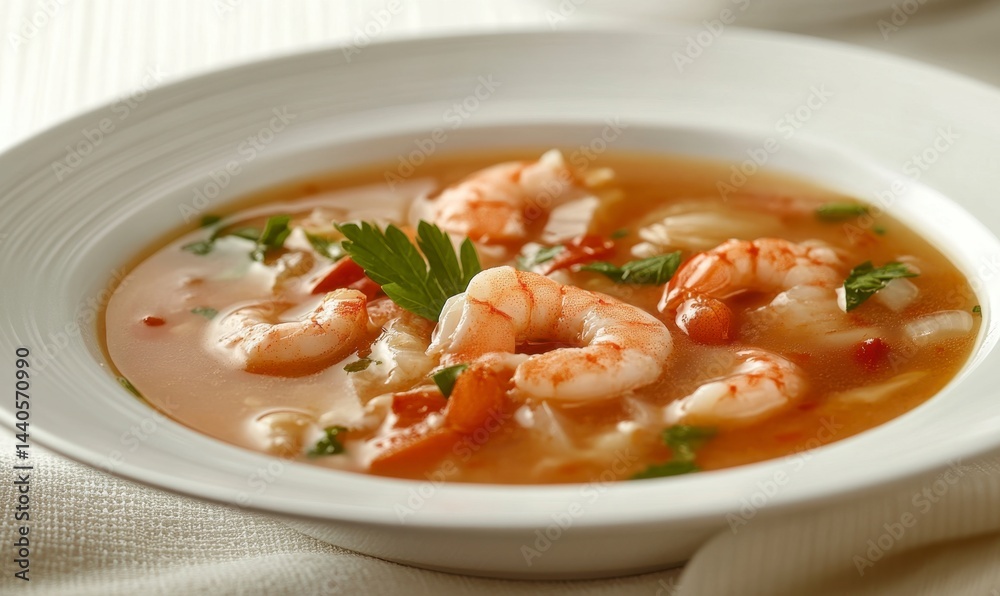 Fresh Shrimp Soup with Herbs and Vegetables in White Bowl Fresh Shrimp Soup with Herbs and Vegetables in White Bowl