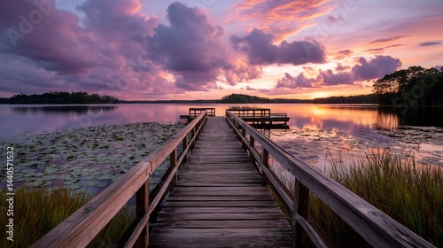Serene sunset over a tranquil lake with a wooden pier, perfect for relaxation and contemplation; ideal for use in peaceful scenes, tourism promotion, or nature photography