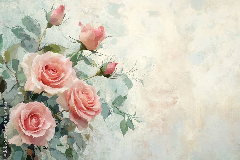 Delicate pink rose bouquet on soft pastel background ideal for mother's day, valentine's events, weddings, birthdays, and custom greetings for special celebrations