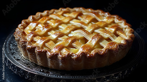 Lattice Crust Apple Pie on Silver Platter - Photo
