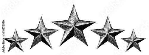 Five stars customer product rating review.3d star shape with stipple dots photocopy effect.  in gritty gradient texture.	
