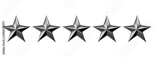 Five stars customer product rating review.3d star shape with stipple dots photocopy effect.  in gritty gradient texture.