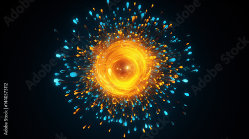 Yellow and blue cartoon orb bursts with gold particles over a futuristic tech gradient science background.

