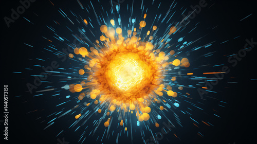 Yellow and blue cartoon orb bursts with gold particles over a futuristic tech gradient science background.

