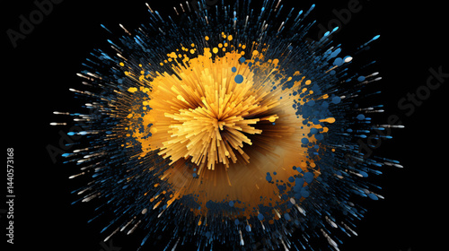 Yellow and blue cartoon orb bursts with gold particles over a futuristic tech gradient science background.

