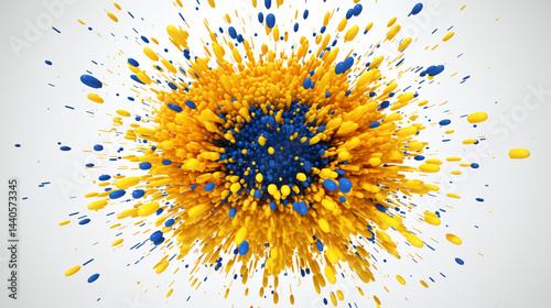 Yellow, blue, and gold cartoon orb bursts with particles over a glowing futuristic science-tech white background.


