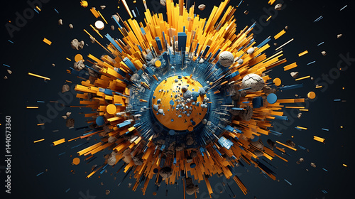 Yellow and blue cartoon orb bursts with gold particles over a futuristic tech gradient science background.

