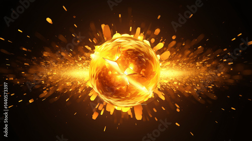 Yellow-gold cartoon orb bursts with particle effects over a futuristic glowing gradient science-tech presentation background.

