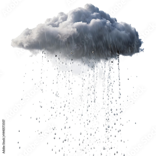 Heavy rain cloud pouring down. white background.
