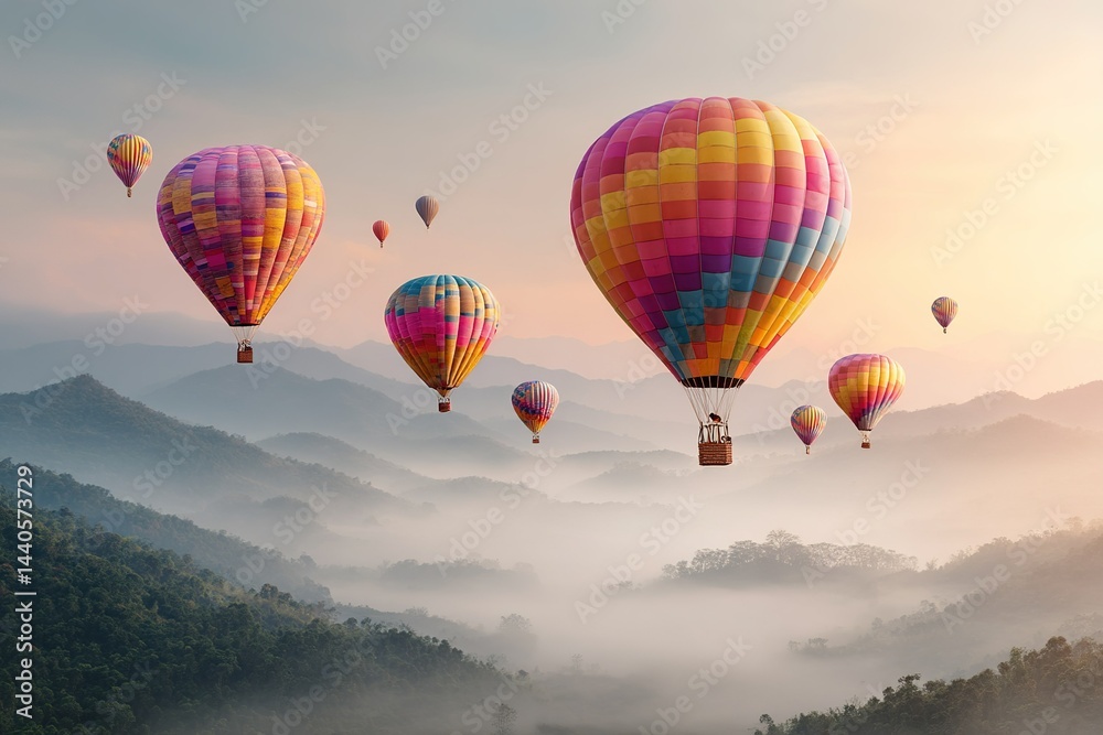Fototapeta premium Colorful hot air balloons floating over misty mountains at sunrise