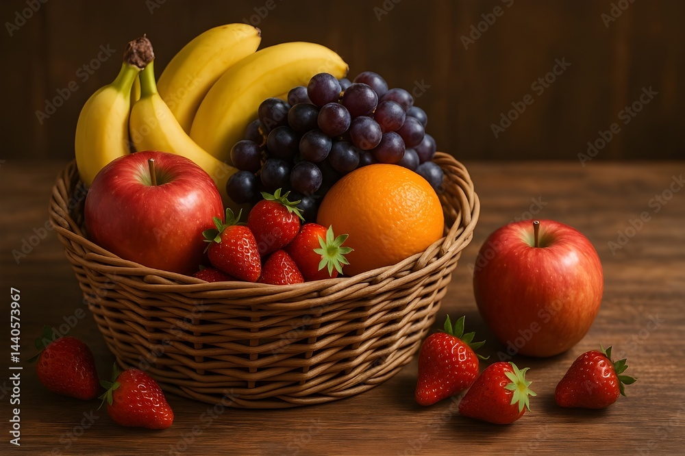 Wicker basket with fresh bananas, apples, oranges, strawberries, and grapes. Fresh assorted fruits. Healthy organic fruit basket with a variety of fresh fruits. Diet. Healthy eating. Vitamin rich. Wicker basket with fresh bananas, apples, oranges, strawberries, and grapes. Fresh assorted fruits. Healthy organic fruit basket with a variety of fresh fruits. Diet. Healthy eating. Vitamin rich.