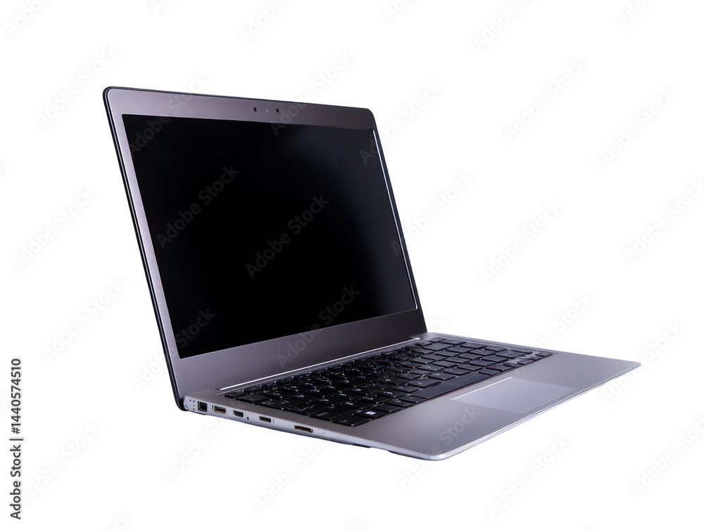 Gray laptop computer with a blank screen, angled, and set against a dark backdrop. The laptop is positioned for visual appeal. Gray laptop computer with a blank screen, angled, and set against a dark backdrop. The laptop is positioned for visual appeal.