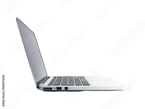 Profile shot of a contemporary laptop computer, showing the keyboard and screen. The device's silver color and sleek design are highlighted.