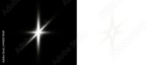 PNG white star flash with sparkle light, glow and cosmic beam.
