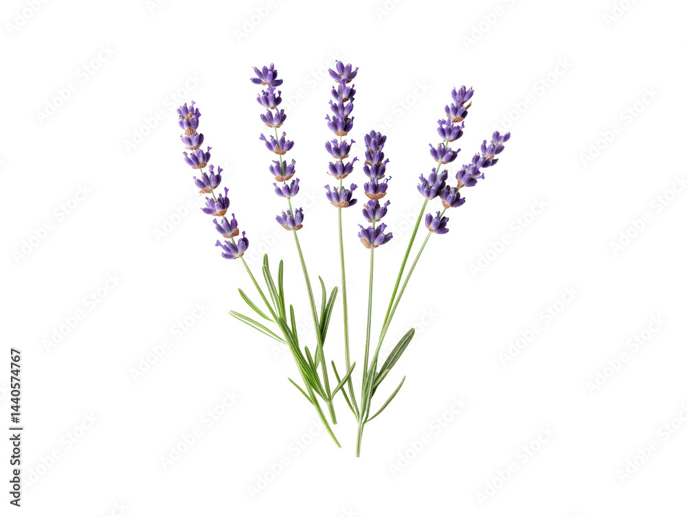 Obraz premium Graphic representation of several lavender stems and blossoms, presented against a plain black background. The image focuses on the delicate details of the plant life.