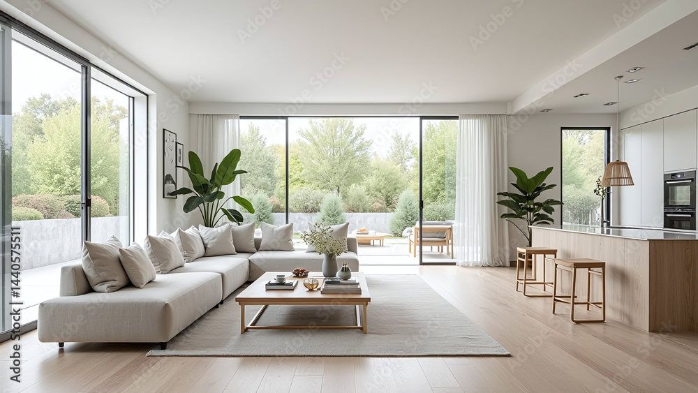 Fototapeta premium Interior View of Living Room with Sectional Sofa, Open to Kitchen and Outdoor Garden.