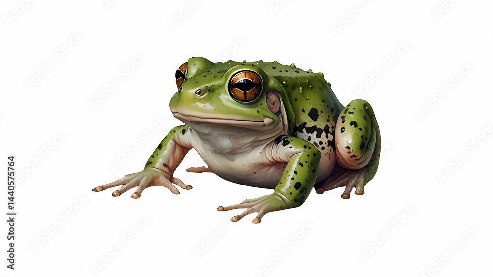 Obraz premium Watercolor bright green frog resting on a smooth surface with distinct spots and large eyes during daytime