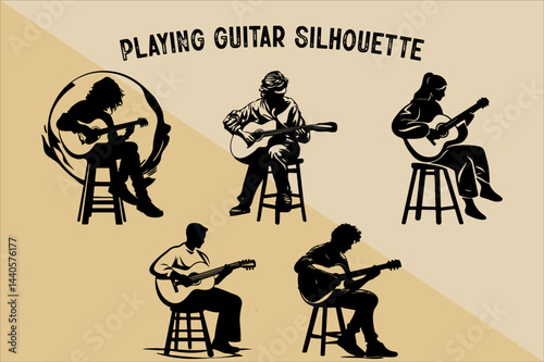 Silhouette of Person Playing Guitar. Musician Playing Guitar Silhouette.
