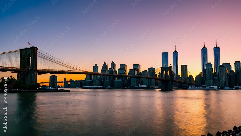 Obraz premium Brooklyn Bridge and Manhattan skyline viewed across river at twilight with calm waters