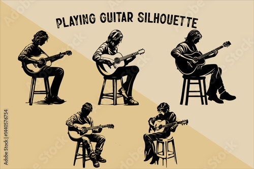 Silhouette of Person Playing Guitar. Musician Playing Guitar Silhouette.