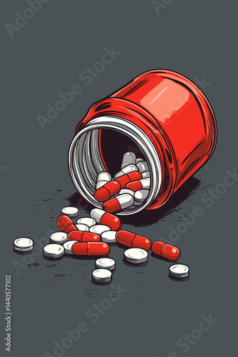 Pouring red and white pills from a bottle on a table.