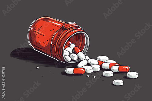 Pouring red and white pills from a bottle on a table.