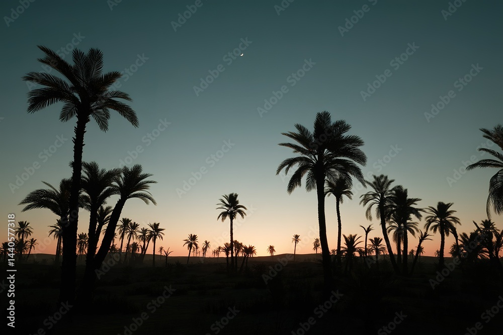 Obraz premium Palm trees silhouetted against a colorful twilight sky in a desert landscape with a crescent moon