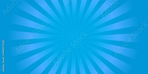 Comic background. Pop art texture. Starburst cartoon style. Anime design with explosion effect for print. Fun dot pattern. Blue backdrop with halftone gradient.