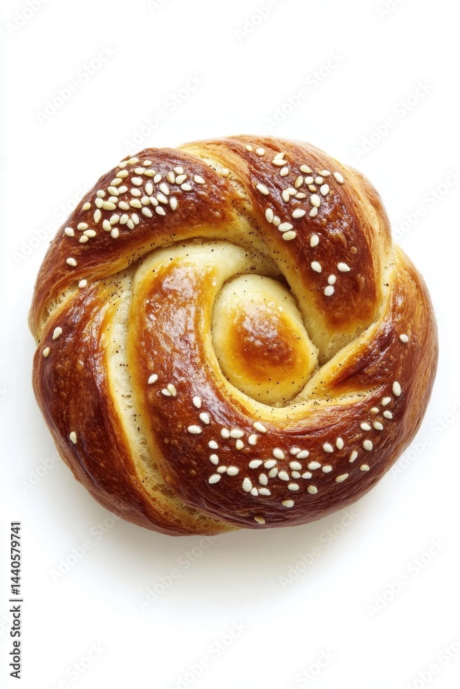 Fototapeta premium Golden brown swirl bun topped with sesame seeds on white minimalist background 