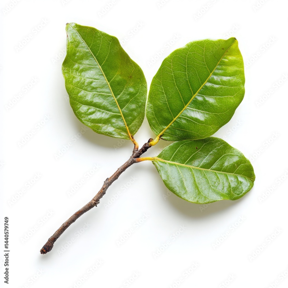 Fototapeta premium A vibrant green branch featuring three glossy leaves, set against a clean white background, ideal for botanical studies, nature-themed designs, or educational materials