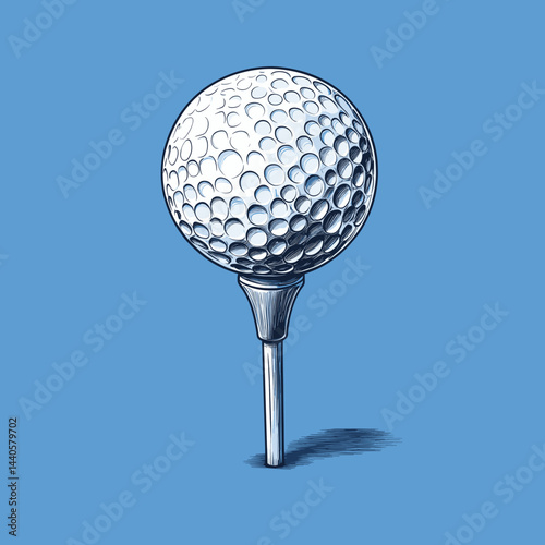 A minimalist golf tee and ball against a blue backdrop.