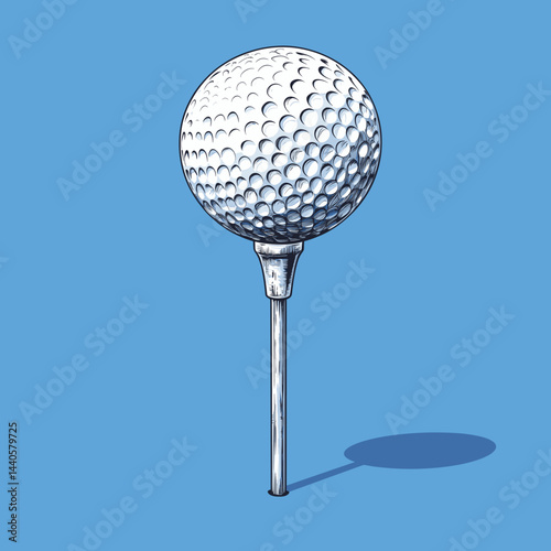 A minimalist golf tee and ball against a blue backdrop.