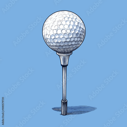 A minimalist golf tee and ball against a blue backdrop.