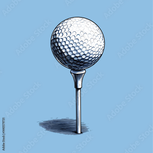 A minimalist golf tee and ball against a blue backdrop.