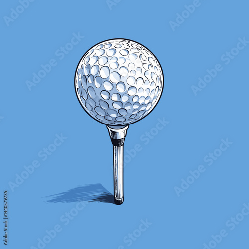 A minimalist golf tee and ball against a blue backdrop.