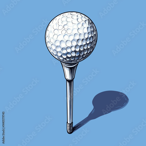 A minimalist golf tee and ball against a blue backdrop.
