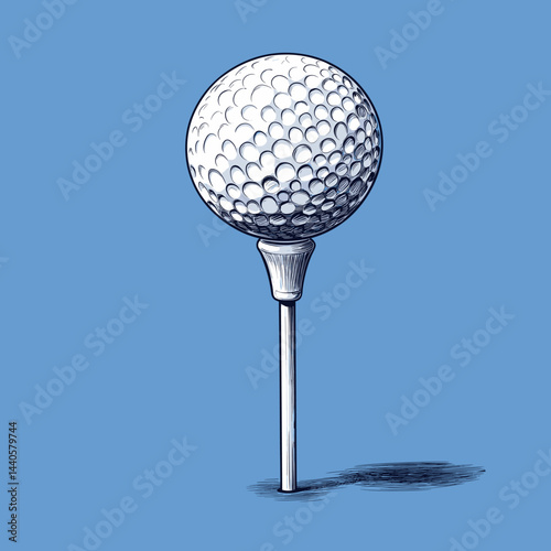 A minimalist golf tee and ball against a blue backdrop.