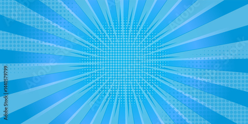 Comic background. Pop art texture. Starburst cartoon style. Anime design with explosion effect for print. Fun dot pattern. Blue backdrop with halftone gradient.