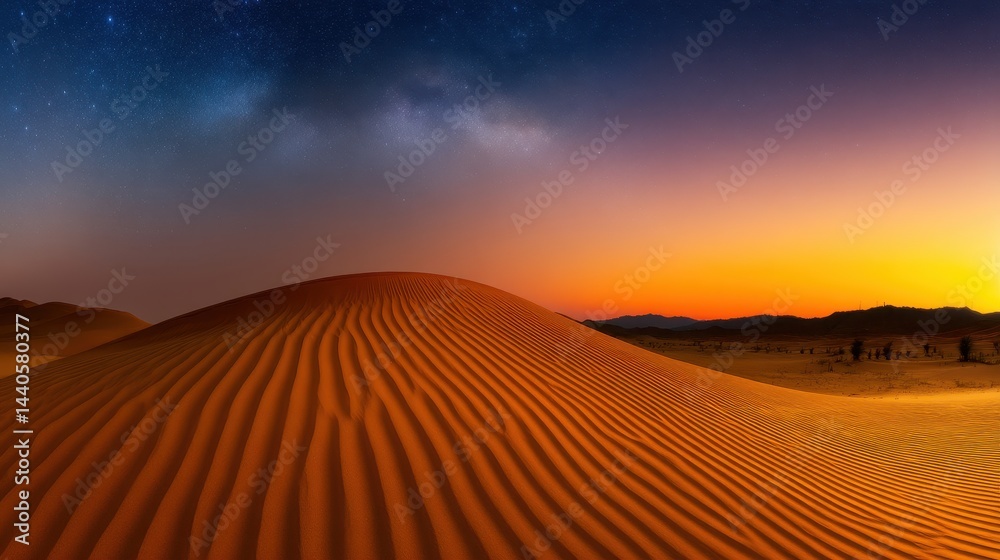 Obraz premium Serene desert landscape at sunset with rippling sand dunes under a starry sky