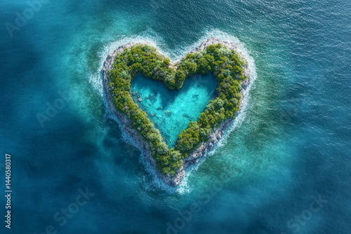 Heart-shaped island surrounded by turquoise water in a tropical setting