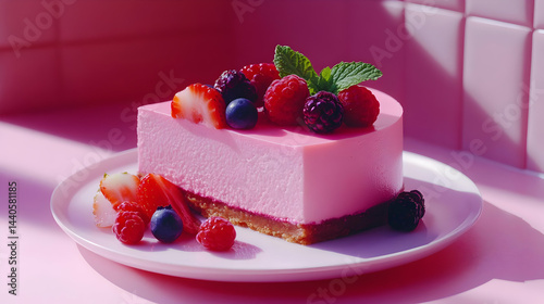 Pink Cheesecake with Fresh Berries - Food Photography