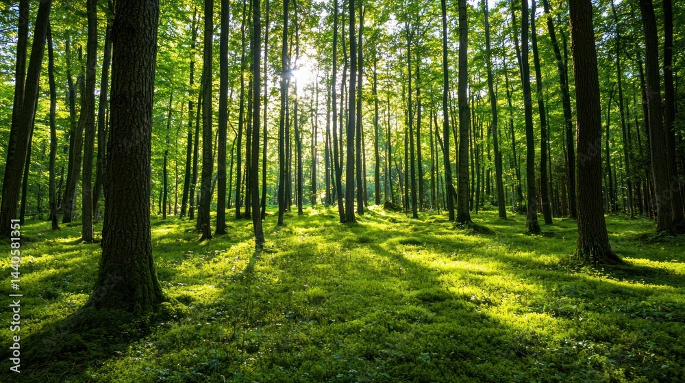 Obraz premium Set of bright green forest with scattered sunlight on the forest floor on white background.