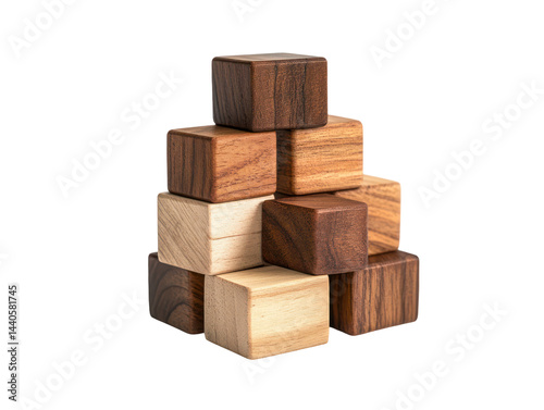 Close-up view of various wooden blocks meticulously arranged in a pyramid-like structure.  The blocks are diverse shades of wood.