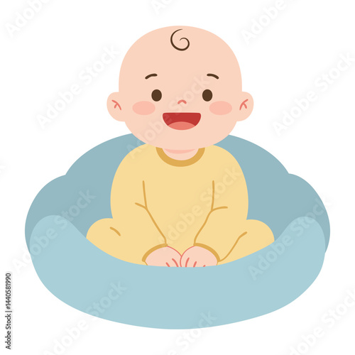 Happy Baby Sitting on Soft Cushion with Cheerful Expression in Colorful Clothing